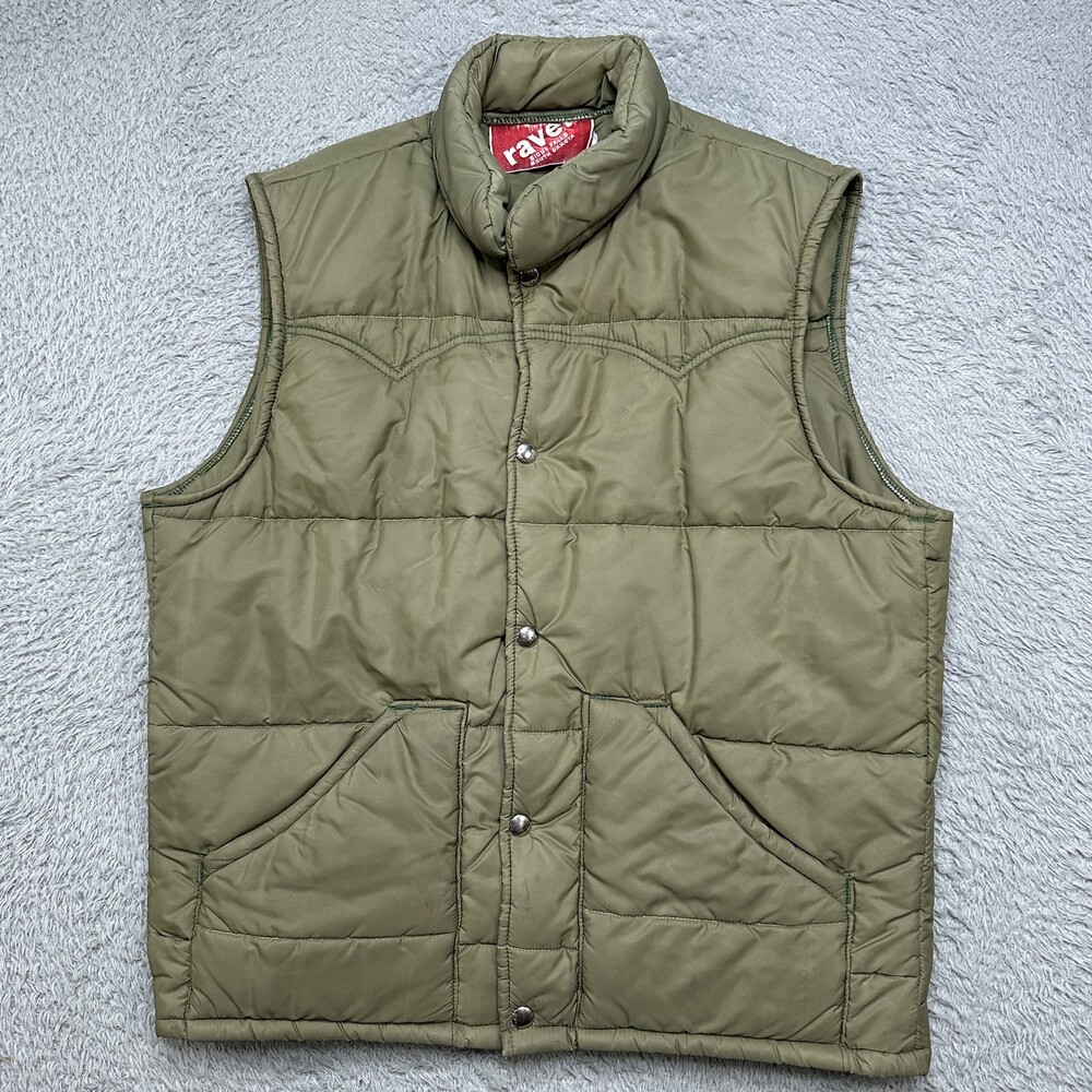 Vintage Puffer Vest Mens L Green Snap Button Western USA Made Raven Sioux Falls